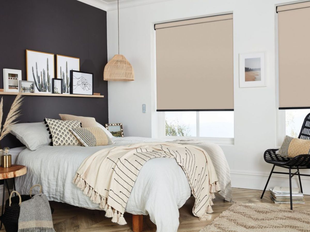 cream roller blinds in bedroom