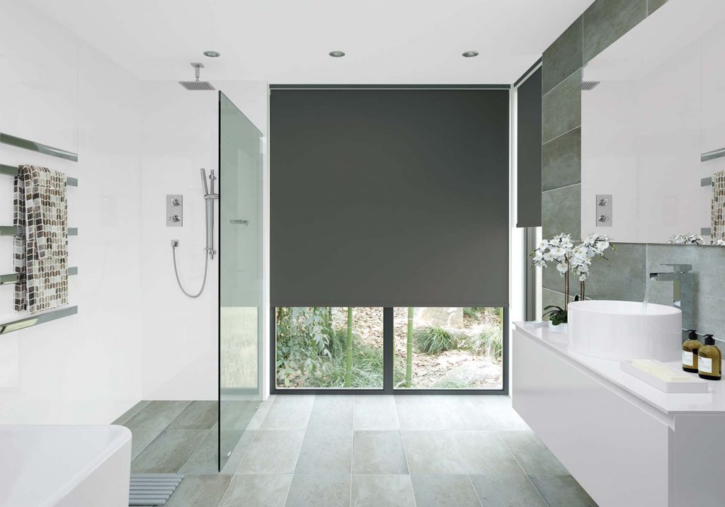 black roller blinds in modern bathroom