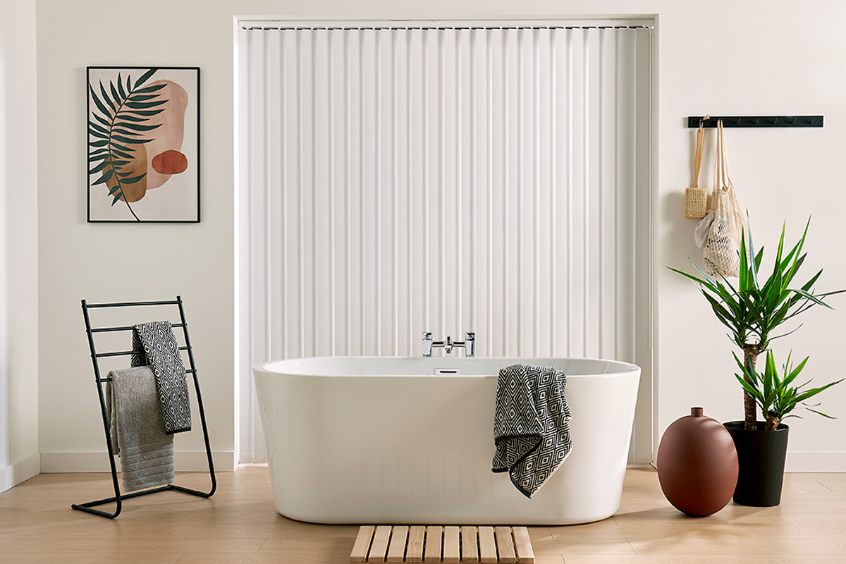 white vertical blinds in bathroom