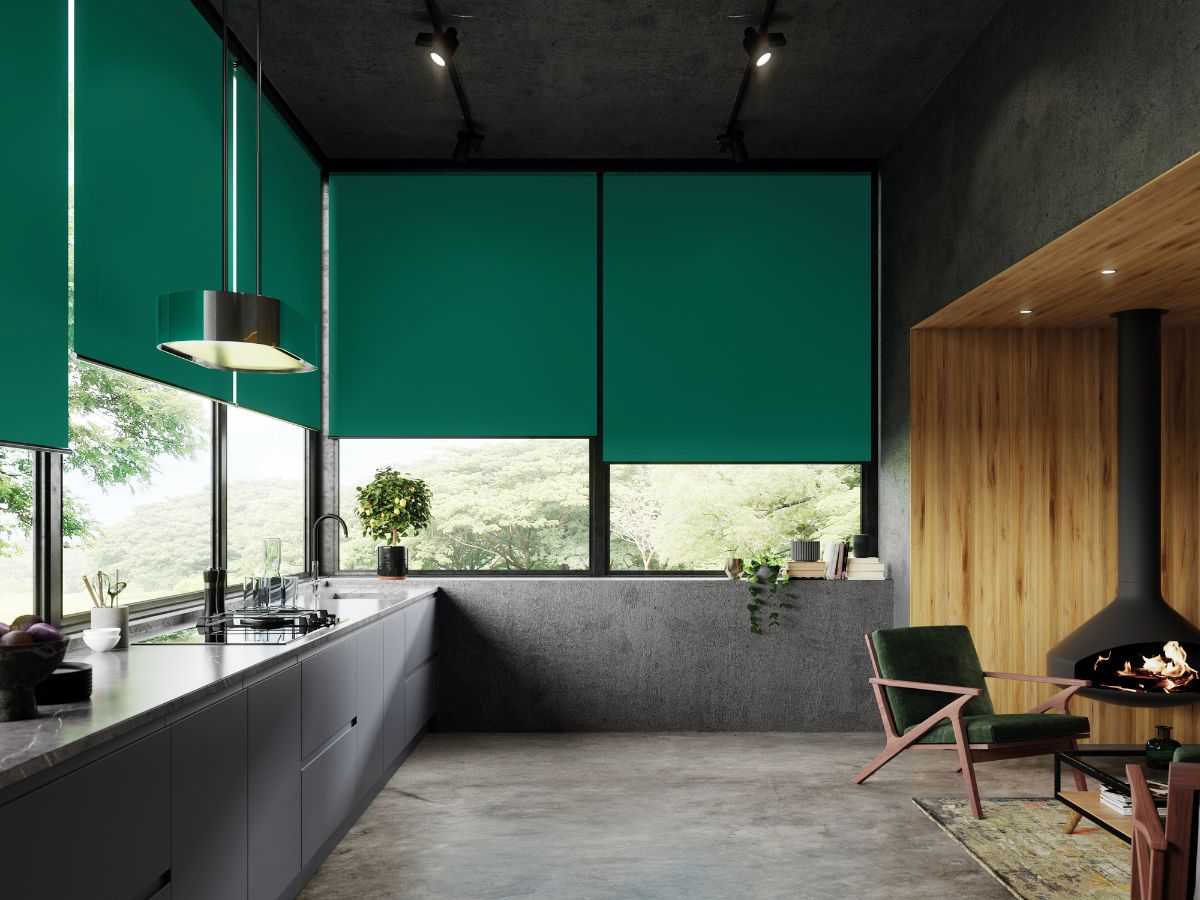 green roller blinds in modern kitchen